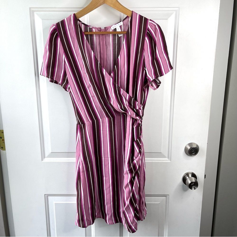 Leith multicolor print striped short sleeve V neck pink purple dress Sz Small